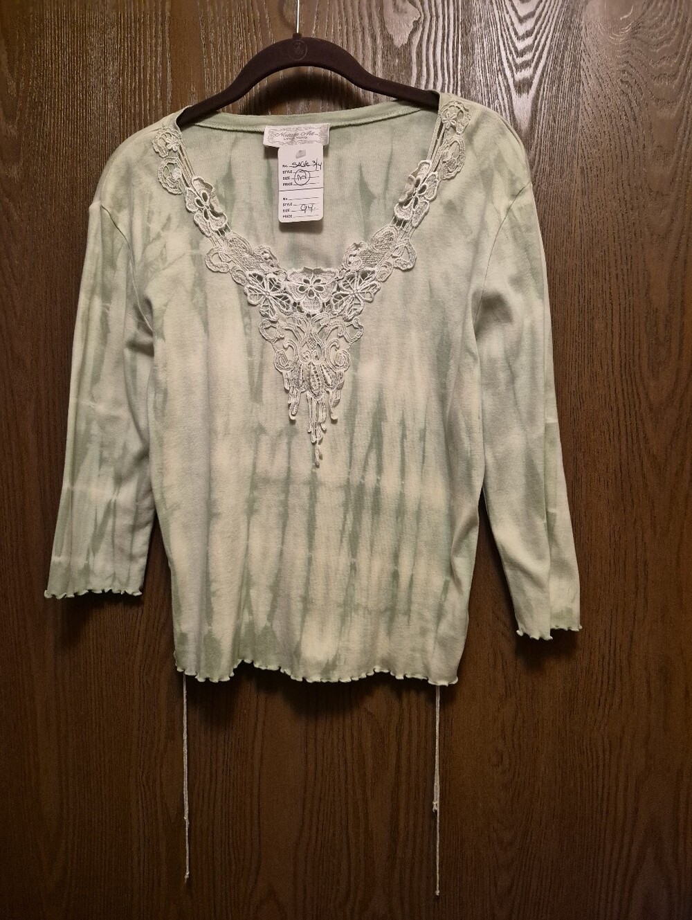Nature's Art By Lynn Yang Light Green Tie-Dye Lace V-Neck Top W/Side Drawstrings